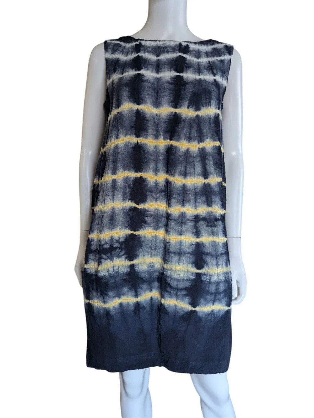 Sleeveless Navy and Yellow Tie-Dye Shift Dress - Picture 5 of 7